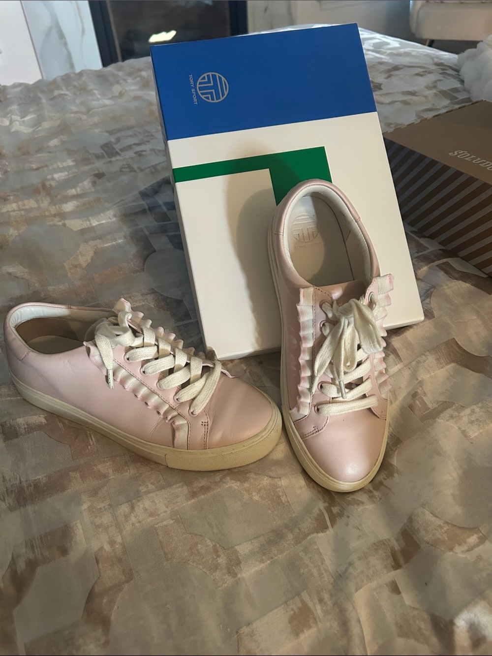 Tory Sport Pink Leather Ruffle-Trim Sneakers
